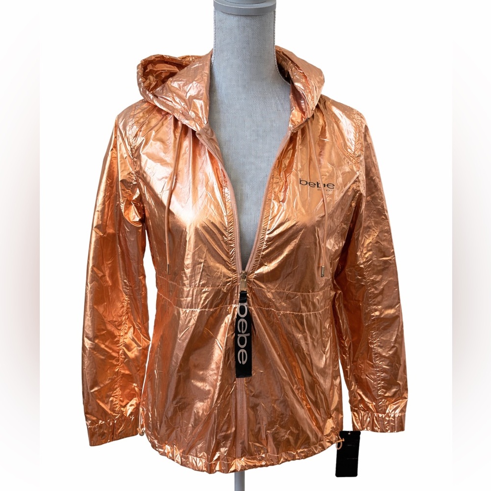 Bebe Sport NWT Rose Gold Metallic Hooded Windbreaker Jacket M Y2K